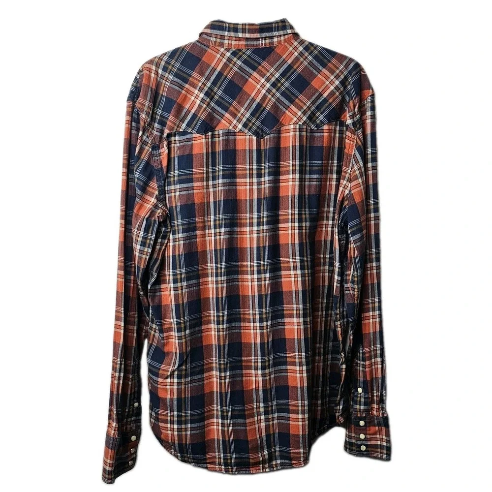 True Religion Mens Large Plaid Western Snap Button Cowboy Shirt Navy Orange EUC